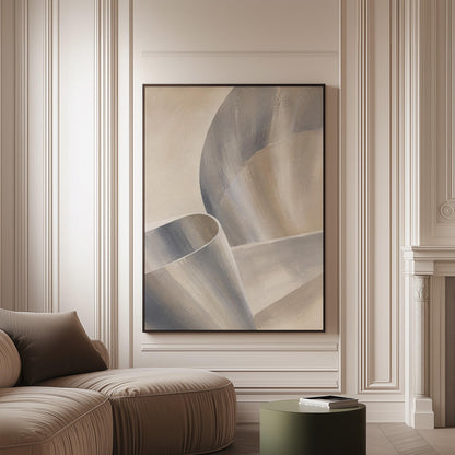 Graceful ribbon curves in silver and pale blue, canvas print on a softly lit wall in a calm interior