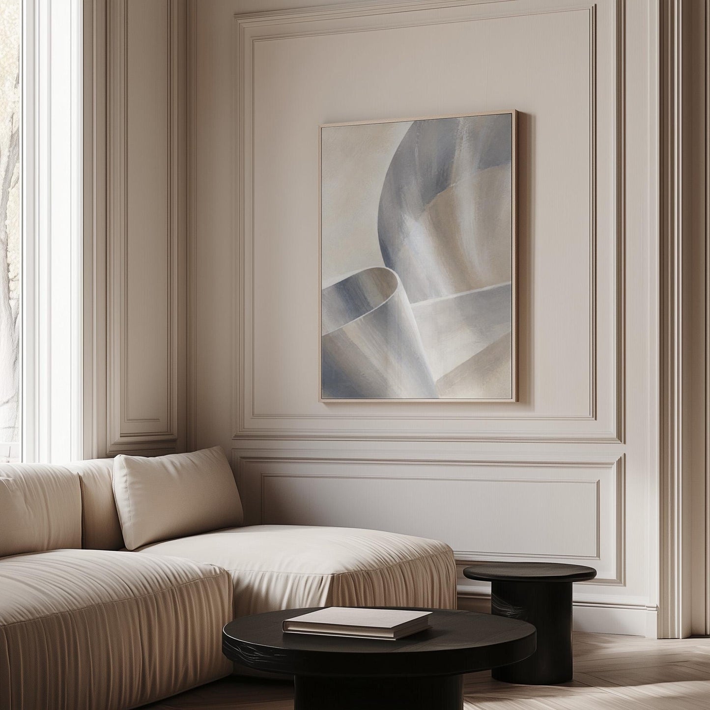 Graceful ribbon curves in silver and pale blue, canvas print on a quiet wall in a considered interior