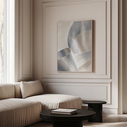 Graceful ribbon curves in silver and pale blue, canvas print on a quiet wall in a considered interior