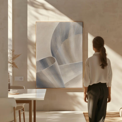 Graceful ribbon curves in silver and pale blue, canvas print styled against a soft white wall