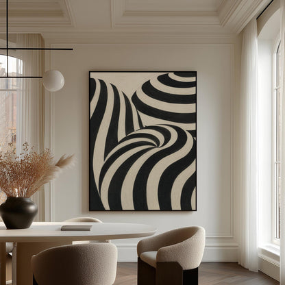 Swirling black and white striped forms, canvas print styled against a soft white wall