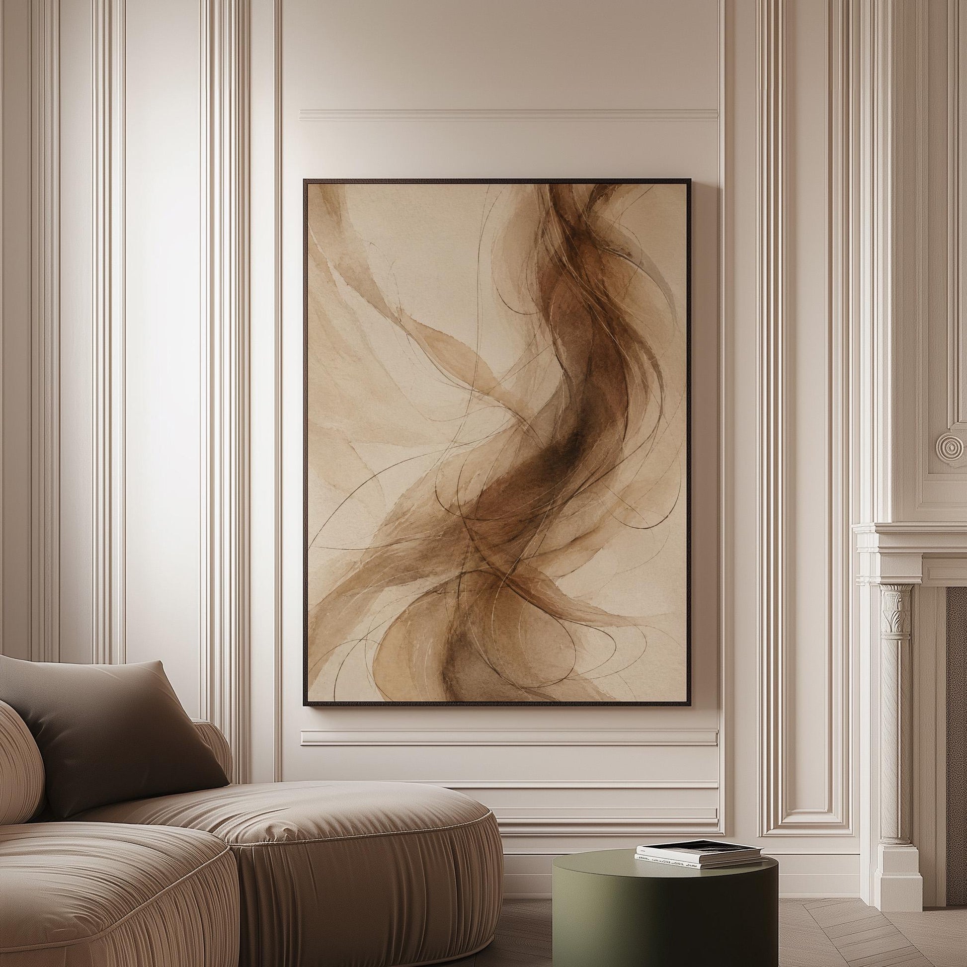 Wispy brown strands flowing across cream background, canvas print on a softly lit wall in a calm interior