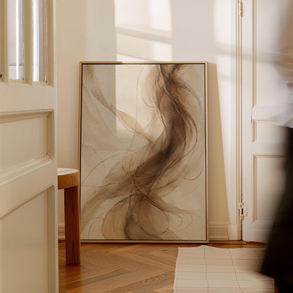 Wispy brown strands flowing across cream background, canvas print styled against a soft white wall