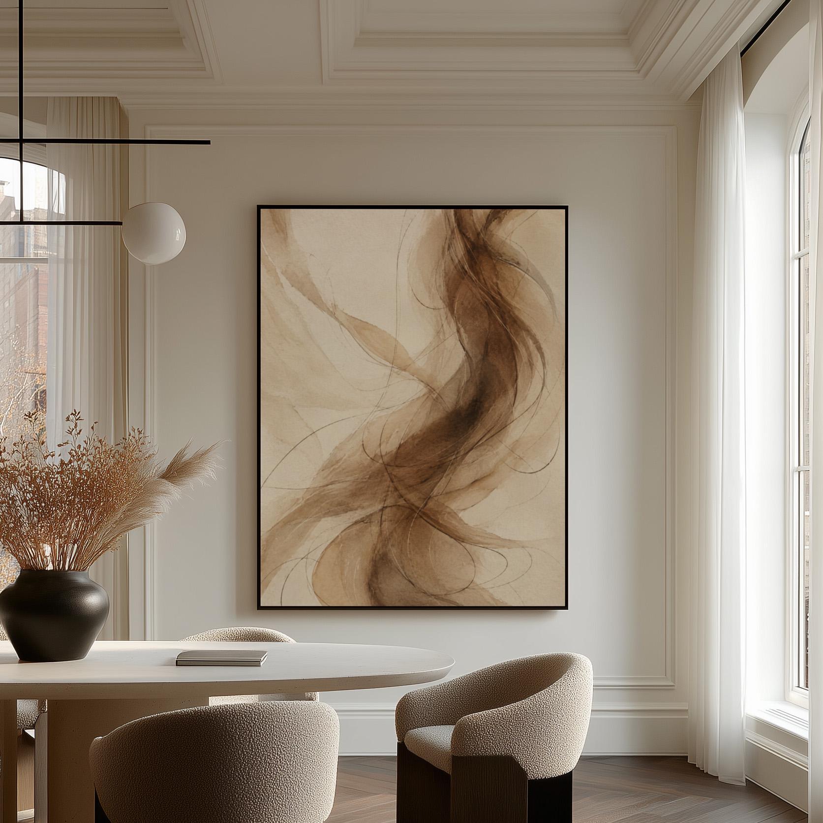 Wispy brown strands flowing across cream background, canvas print presented in a light, minimal room