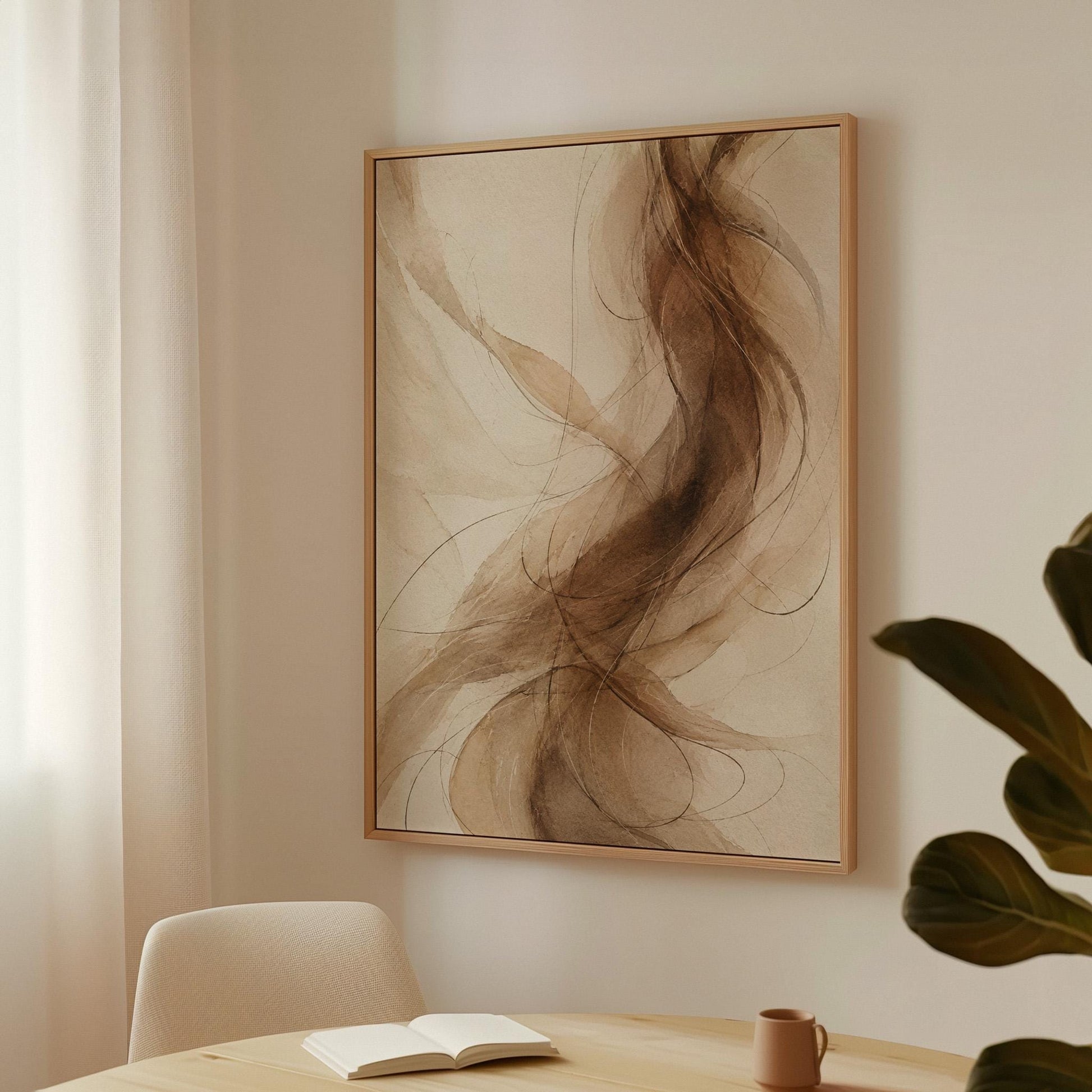 Wispy brown strands flowing across cream background, canvas print displayed on a neutral wall in a styled interior
