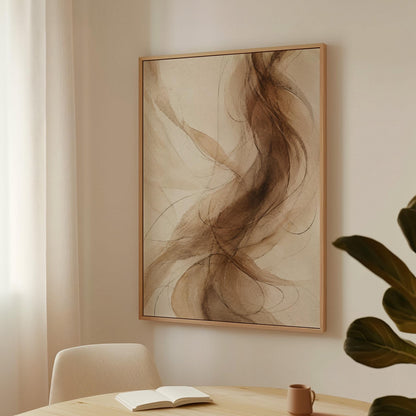 Wispy brown strands flowing across cream background, canvas print displayed on a neutral wall in a styled interior