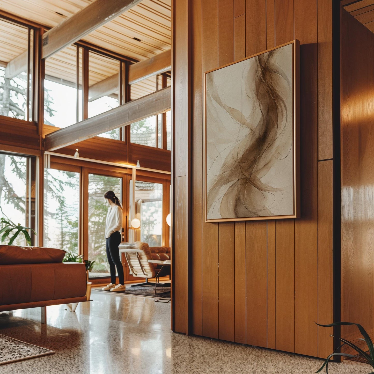 Wispy brown strands flowing across cream background, canvas print shown in a sunlit, contemporary room