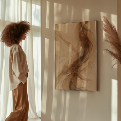 Wispy brown strands flowing across cream background, canvas print hanging in a calm, modern living space