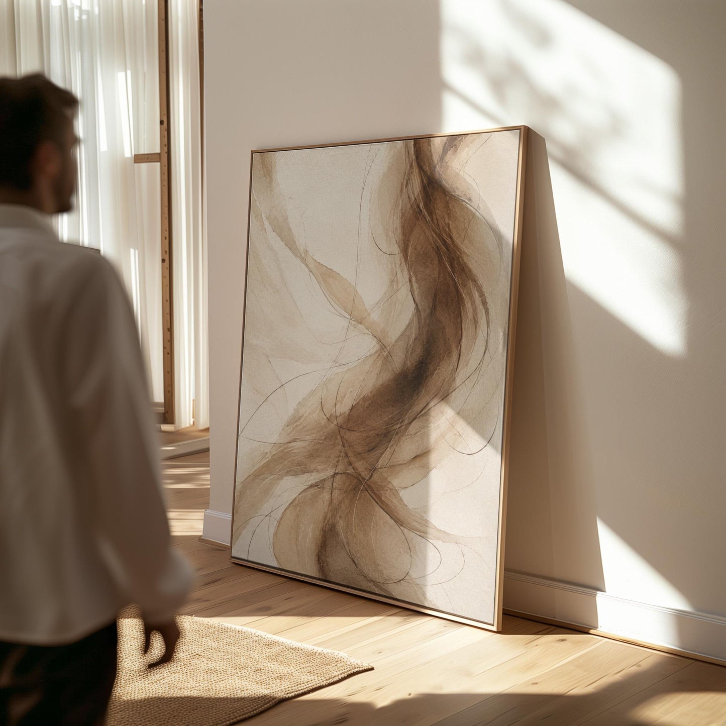 Wispy brown strands flowing across cream background, canvas wall art on a quiet wall in a considered interior