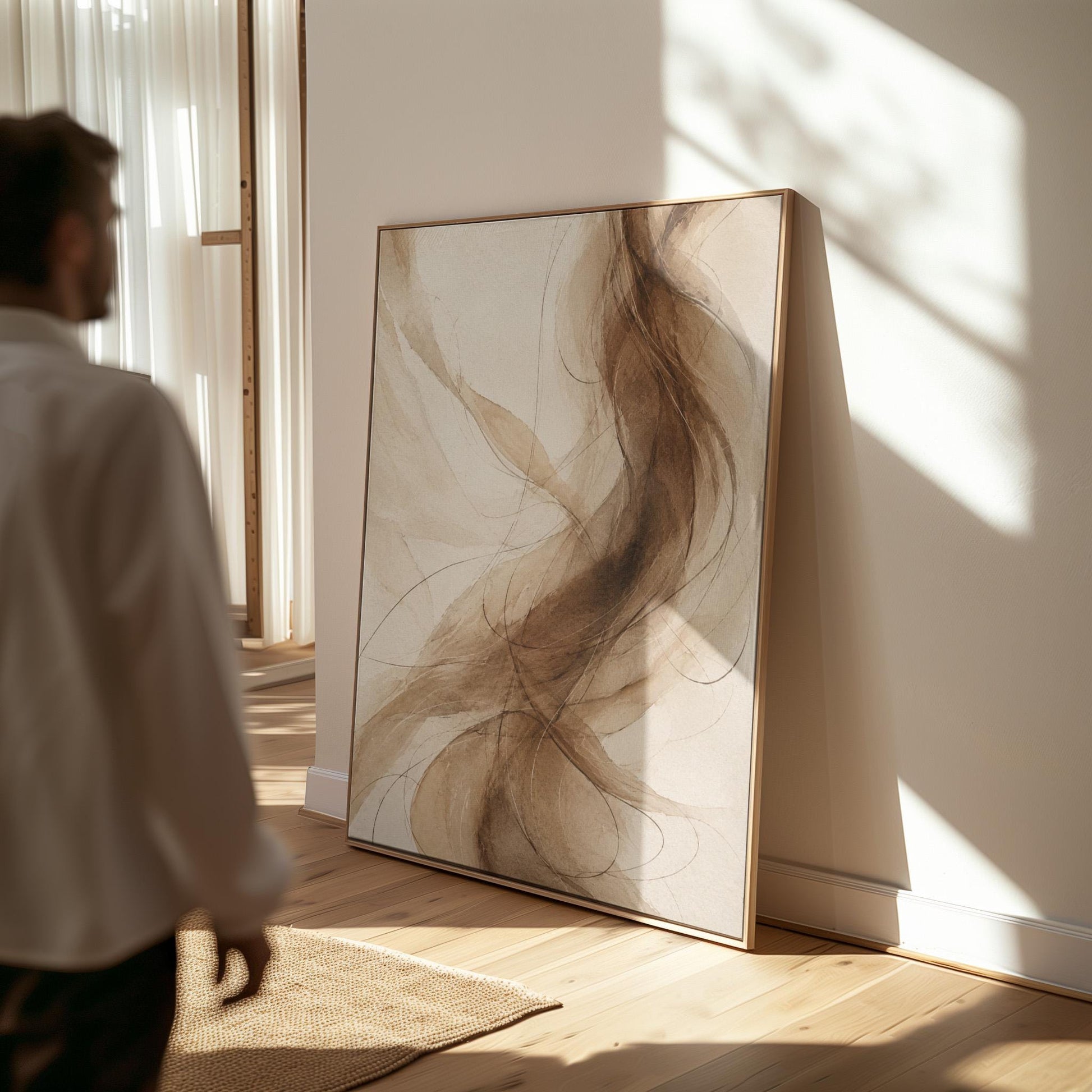 Wispy brown strands flowing across cream background, canvas wall art on a quiet wall in a considered interior