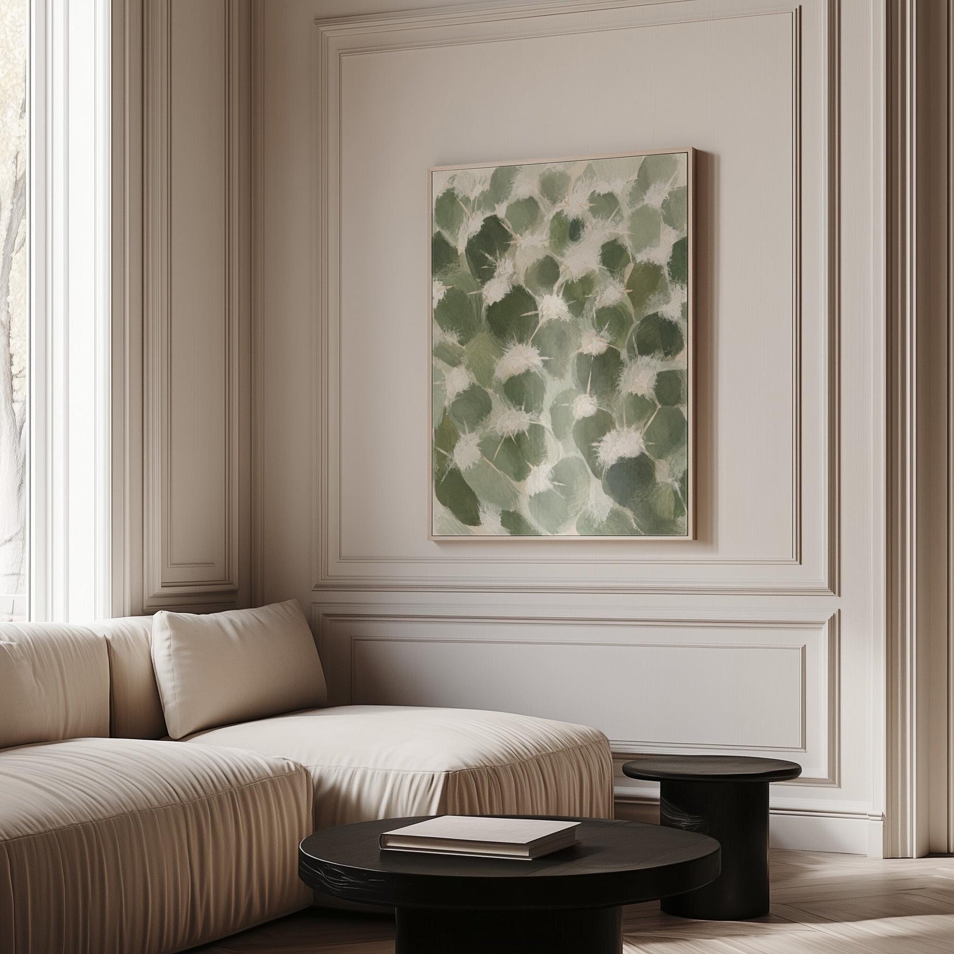 Cactus pads pattern with pale spines in sage green, canvas print styled against a soft white wall