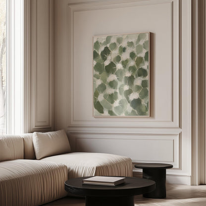 Cactus pads pattern with pale spines in sage green, canvas print styled against a soft white wall