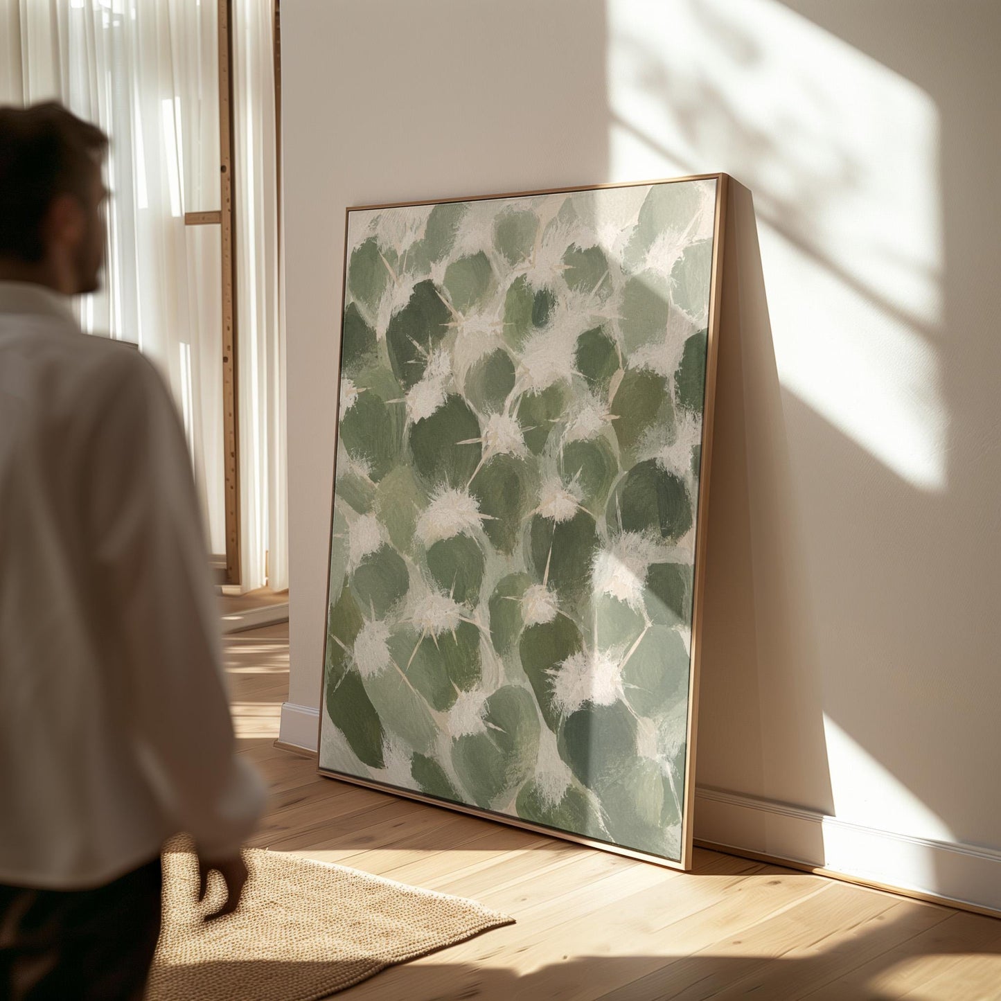Cactus pads pattern with pale spines in sage green, canvas print on a quiet wall in a considered interior