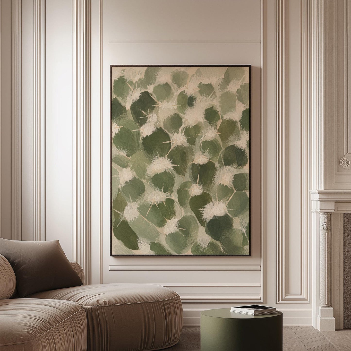 Cactus pads pattern with pale spines in sage green, canvas print on a softly lit wall in a calm interior
