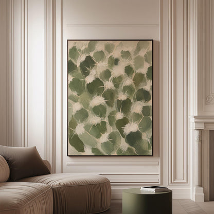 Cactus pads pattern with pale spines in sage green, canvas print on a softly lit wall in a calm interior