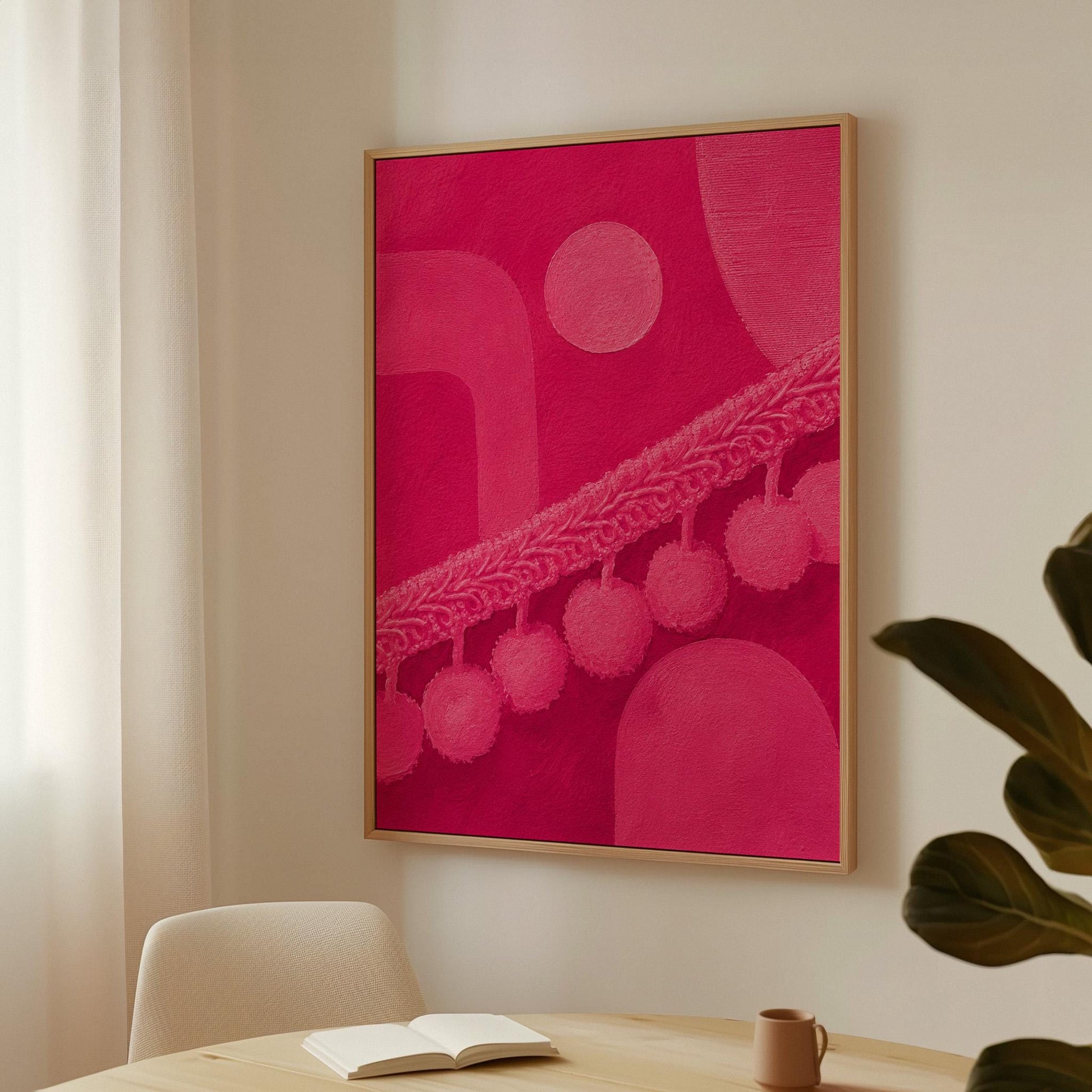 Hot magenta composition with arches and pom pom garland, canvas print hanging in a calm, modern living space