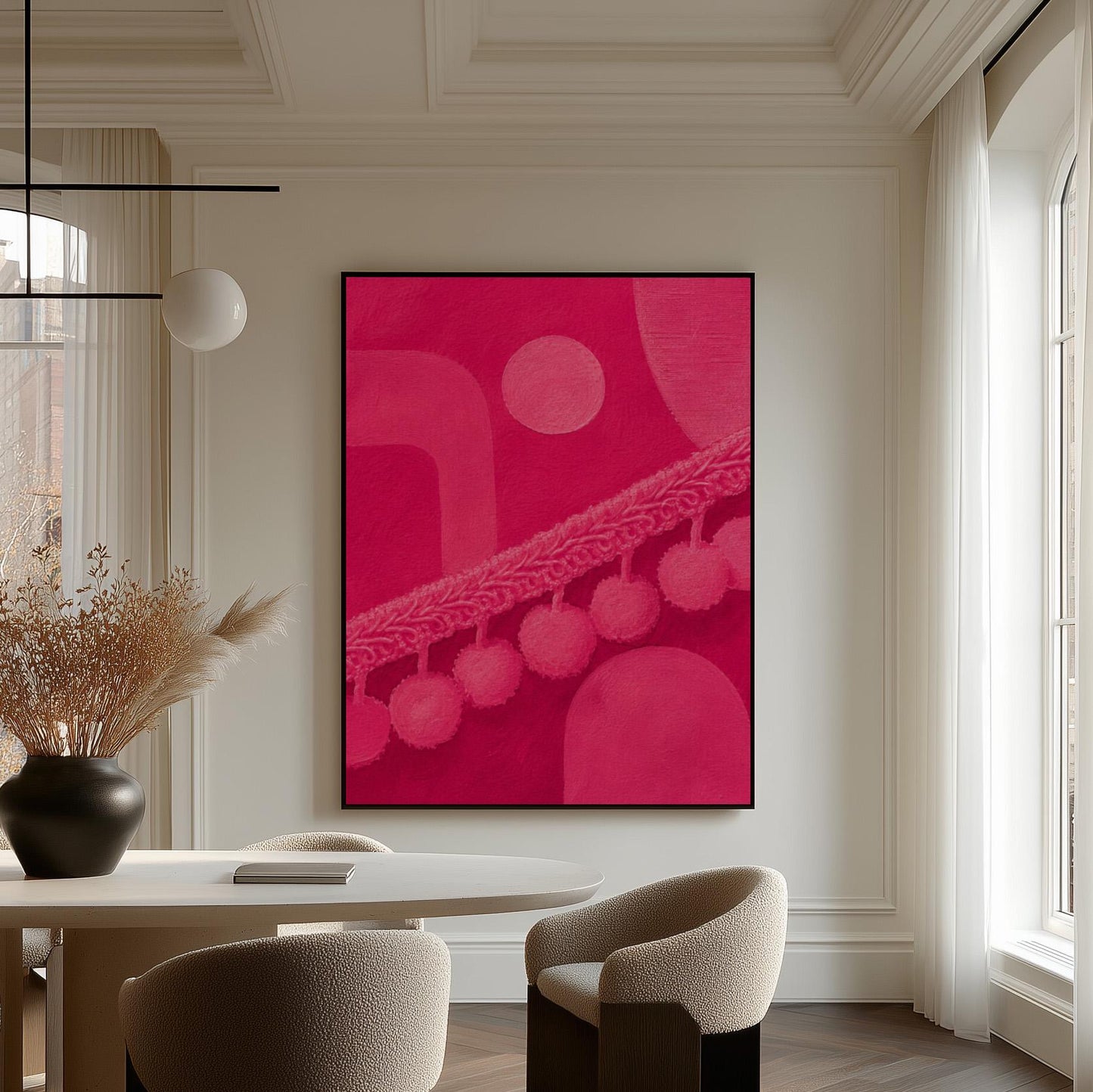 Hot magenta composition with arches and pom pom garland, canvas print styled against a soft white wall