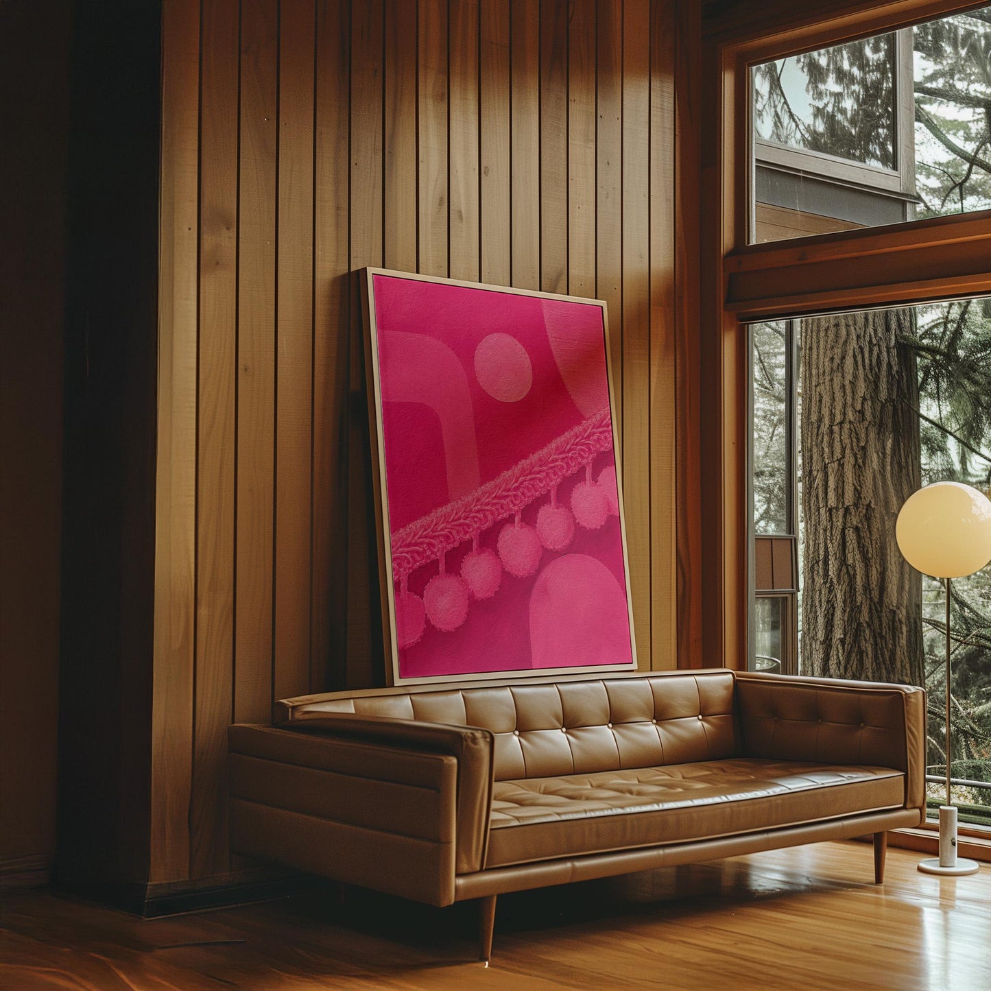 Hot magenta composition with arches and pom pom garland, canvas print on a quiet wall in a considered interior