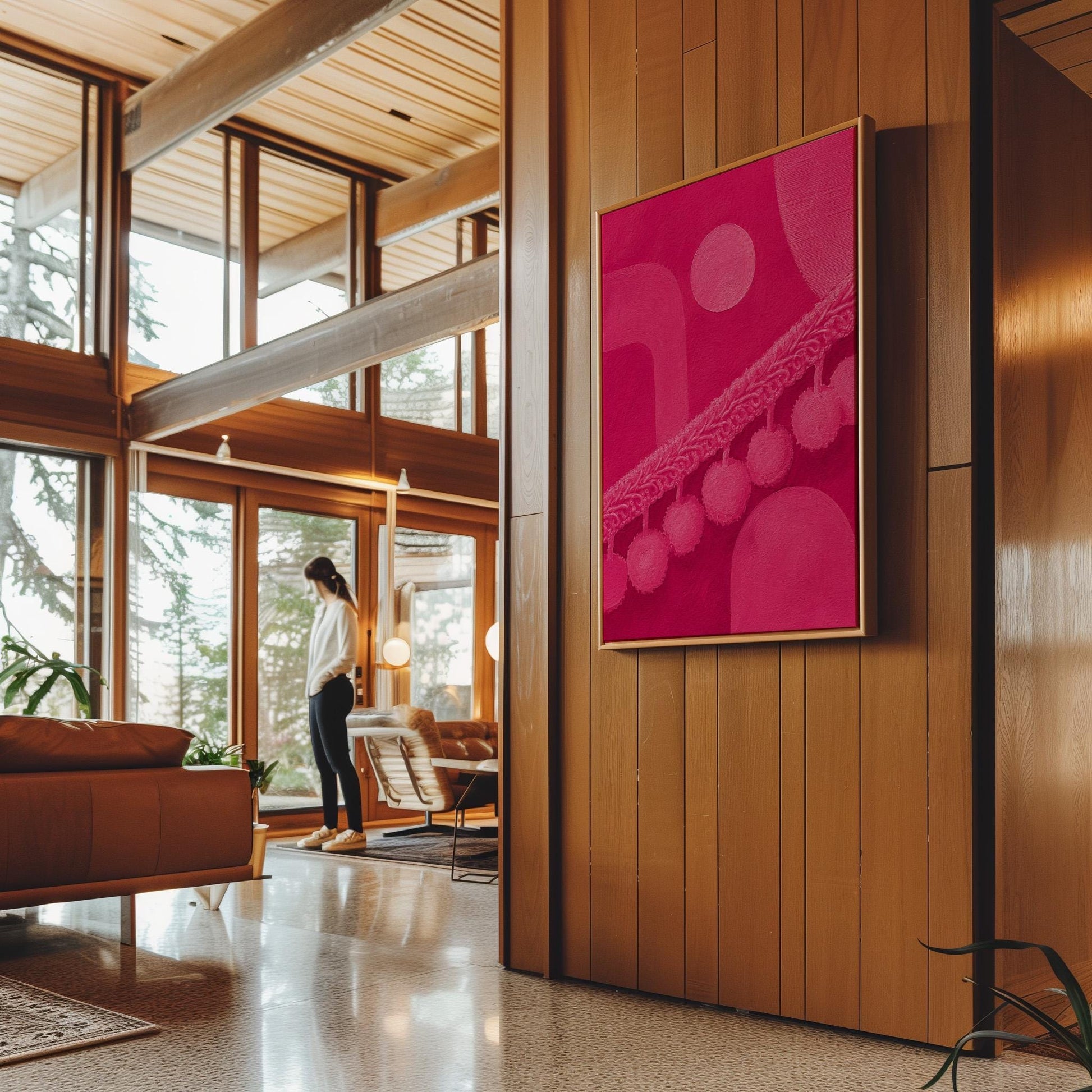Hot magenta composition with arches and pom pom garland, canvas print shown in a sunlit, contemporary room
