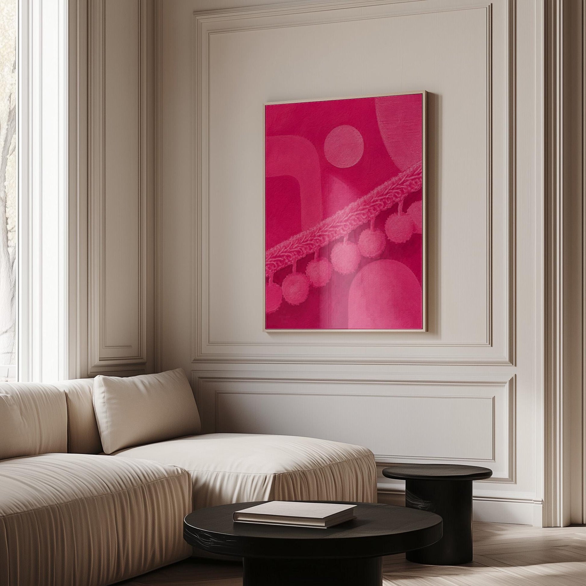 Hot magenta composition with arches and pom pom garland, canvas wall art styled against a soft white wall