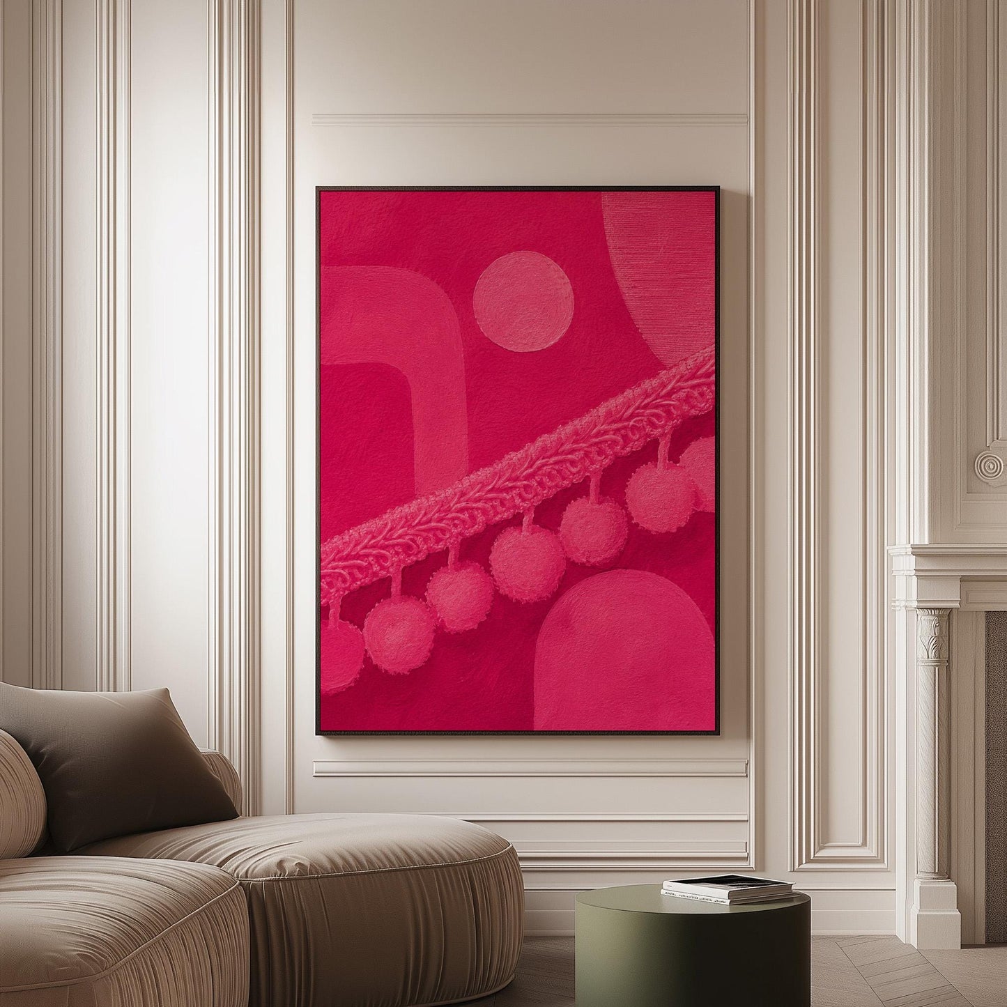 Hot magenta composition with arches and pom pom garland, canvas print on a softly lit wall in a calm interior