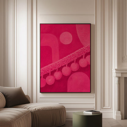 Hot magenta composition with arches and pom pom garland, canvas print on a softly lit wall in a calm interior