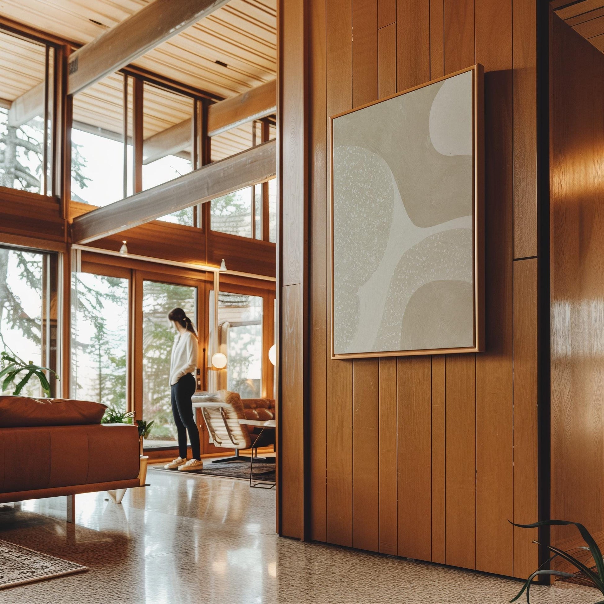 Soft speckled organic shapes in pearl and cream, canvas print shown to scale in a furnished room