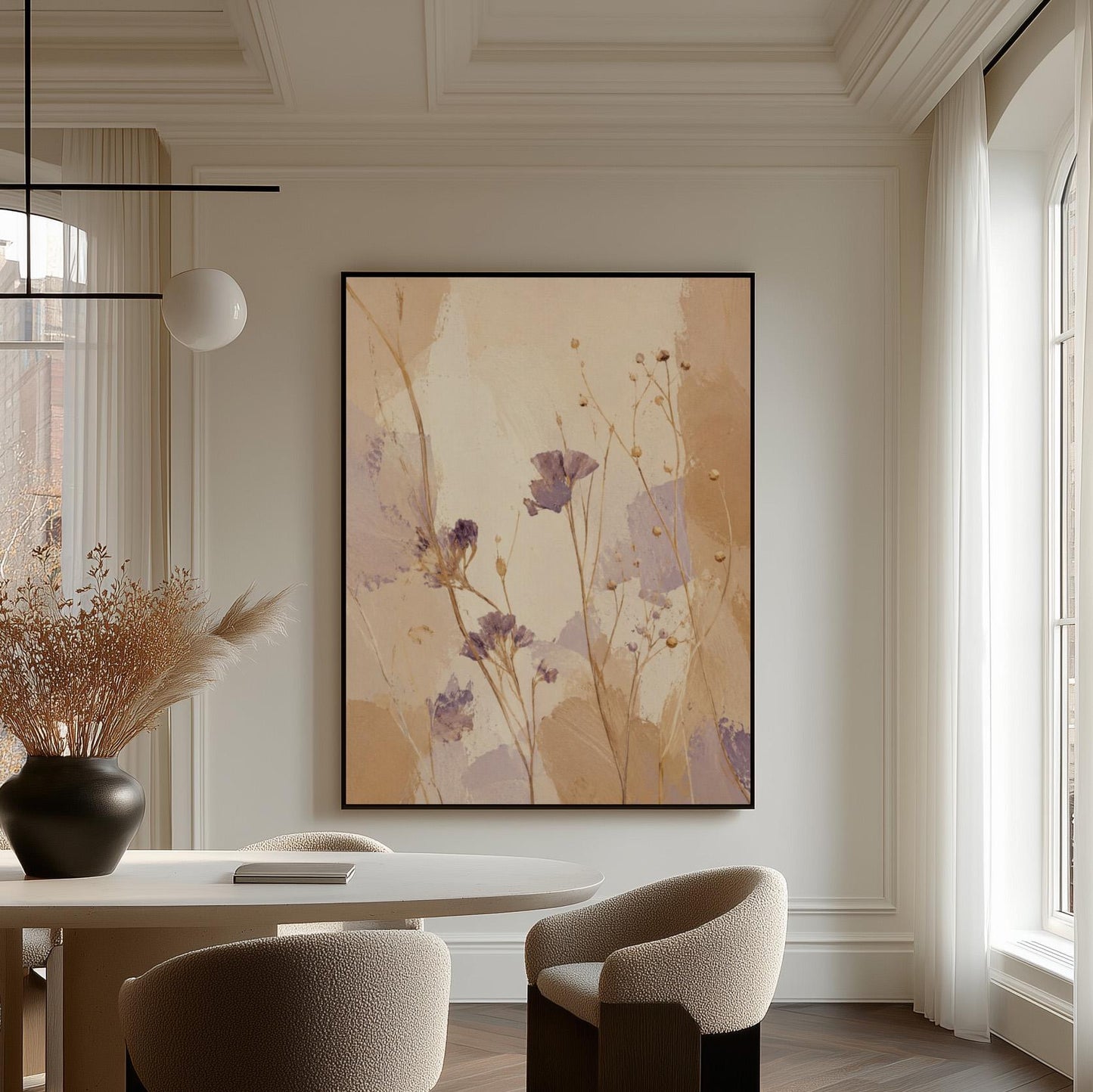 Delicate wildflowers and lavender stems on warm beige, canvas print hanging in a calm, modern living space
