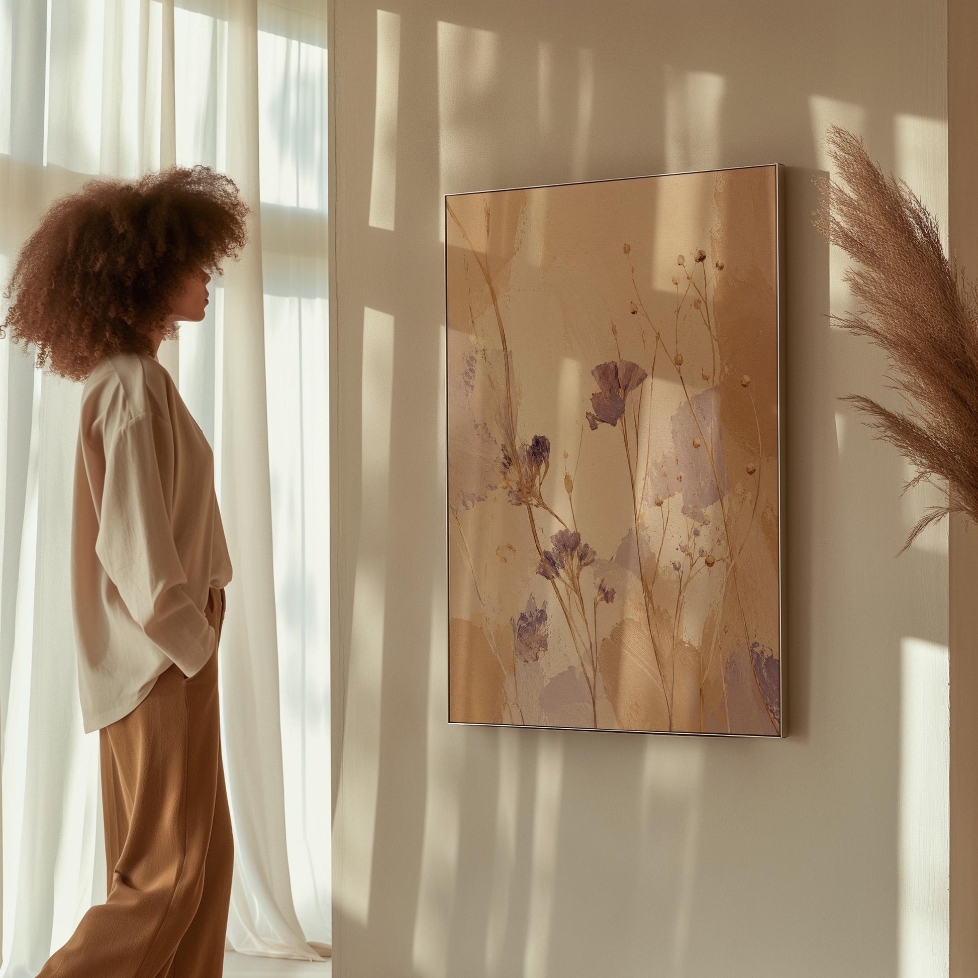 Delicate wildflowers and lavender stems on warm beige, canvas print on a quiet wall in a considered interior