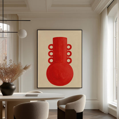 Bold red vessel with ring handles on cream background, canvas print hanging in a calm, modern living space