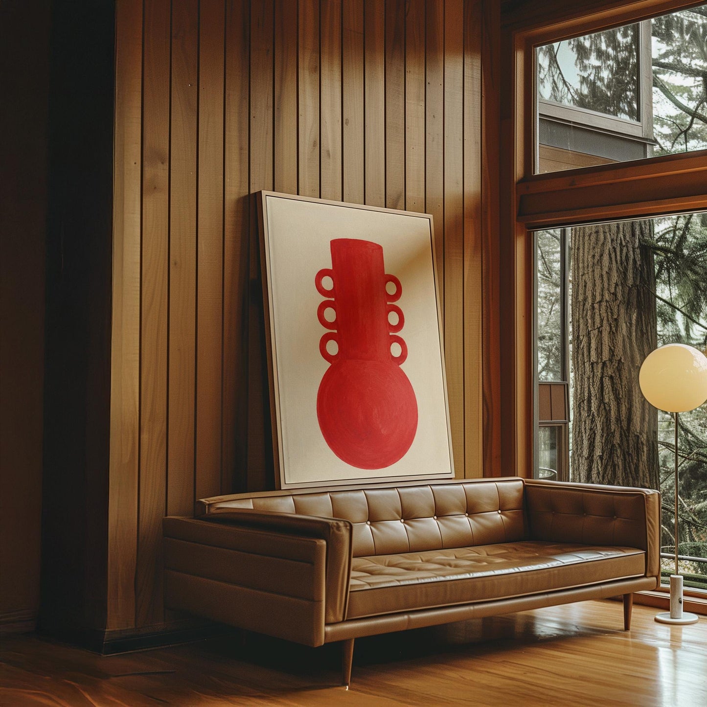 Bold red vessel with ring handles on cream background, canvas print seen in a warm interior with natural light