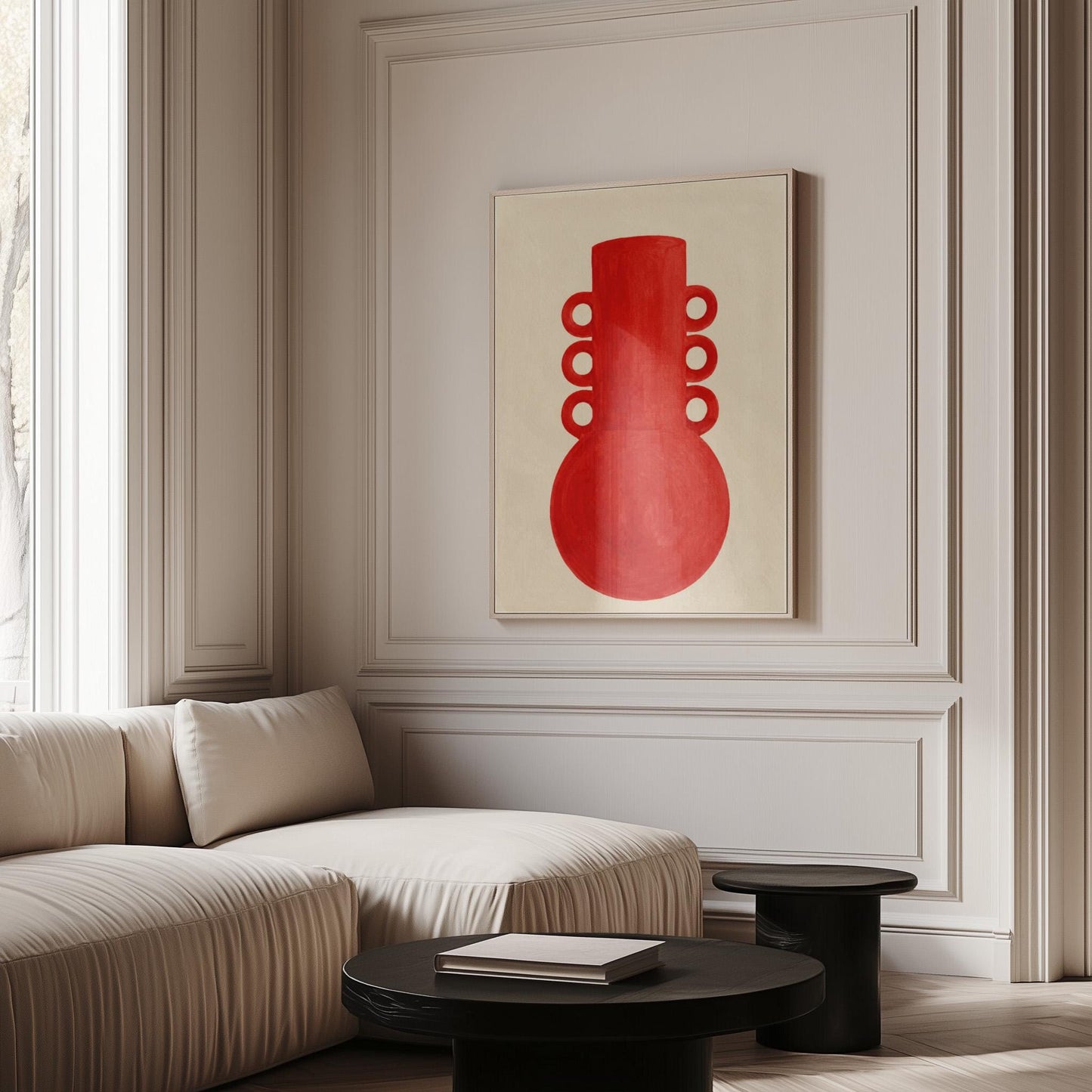 Bold red vessel with ring handles on cream background, canvas wall art on a quiet wall in a considered interior