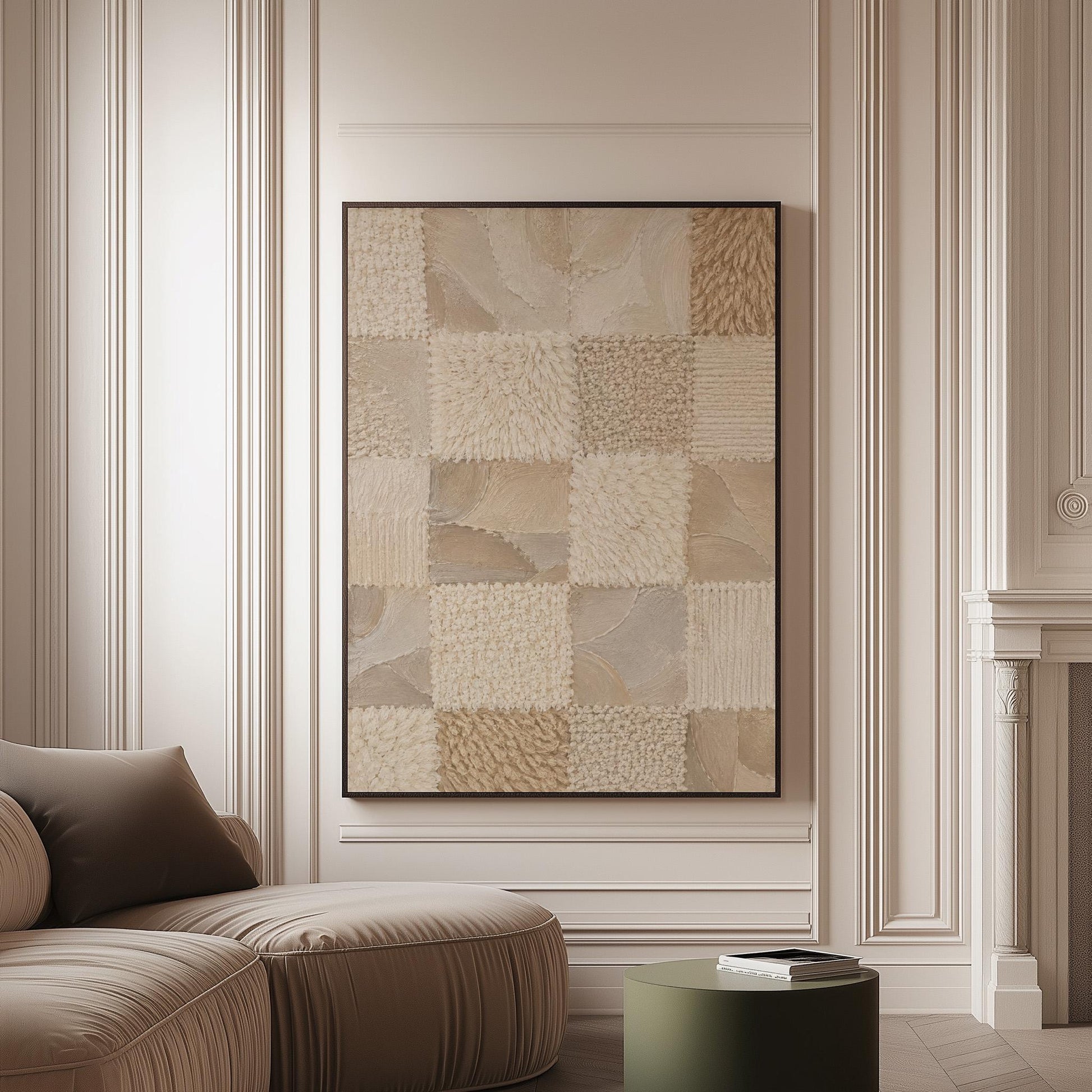 Checkered patchwork of soft cream and beige squares, canvas print on a softly lit wall in a calm interior