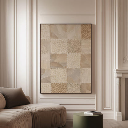 Checkered patchwork of soft cream and beige squares, canvas print on a softly lit wall in a calm interior