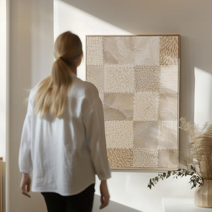 Checkered patchwork of soft cream and beige squares, canvas print presented in a light, minimal room