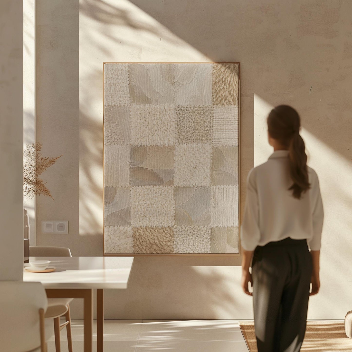 Checkered patchwork of soft cream and beige squares, canvas print displayed on a neutral wall in a styled interior