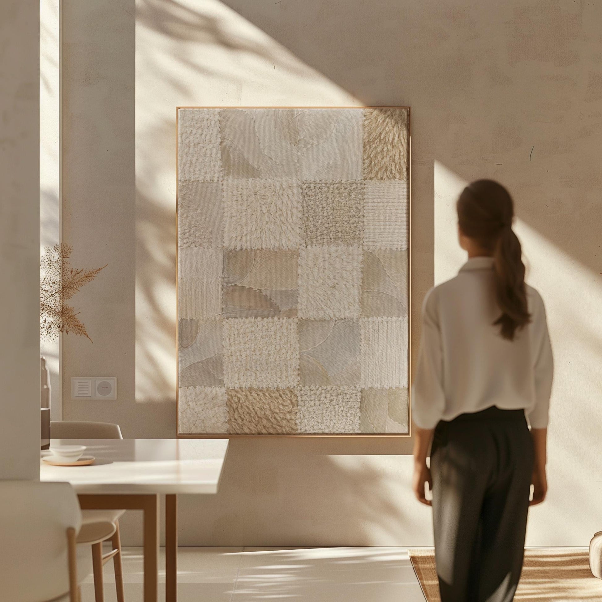 Checkered patchwork of soft cream and beige squares, canvas print displayed on a neutral wall in a styled interior