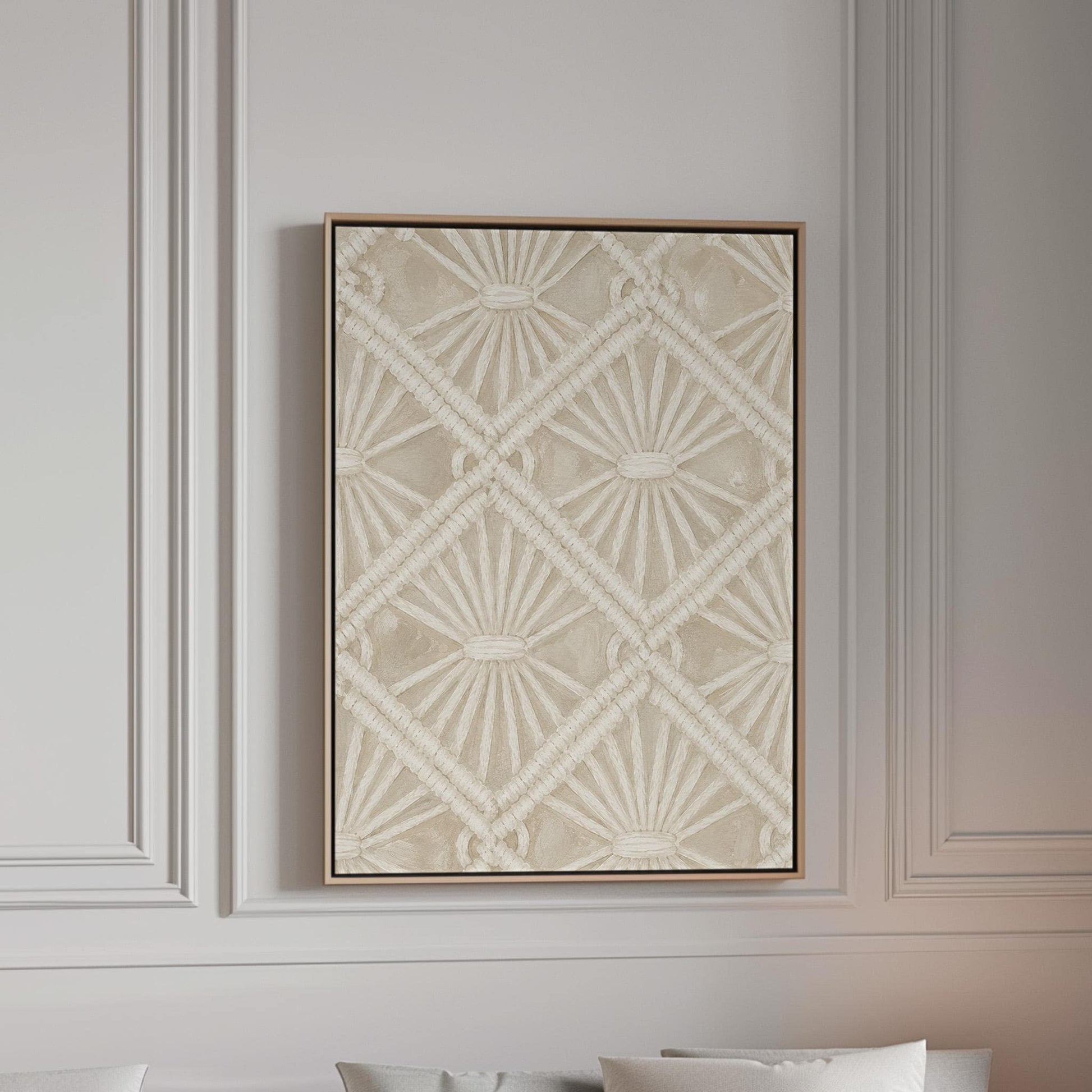 Diamond and fan lace pattern in ivory tones, canvas print in a bright room with natural daylight