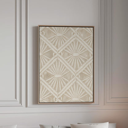 Diamond and fan lace pattern in ivory tones, canvas print in a bright room with natural daylight