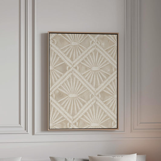 Diamond and fan lace pattern in ivory tones, canvas print in a bright room with natural daylight