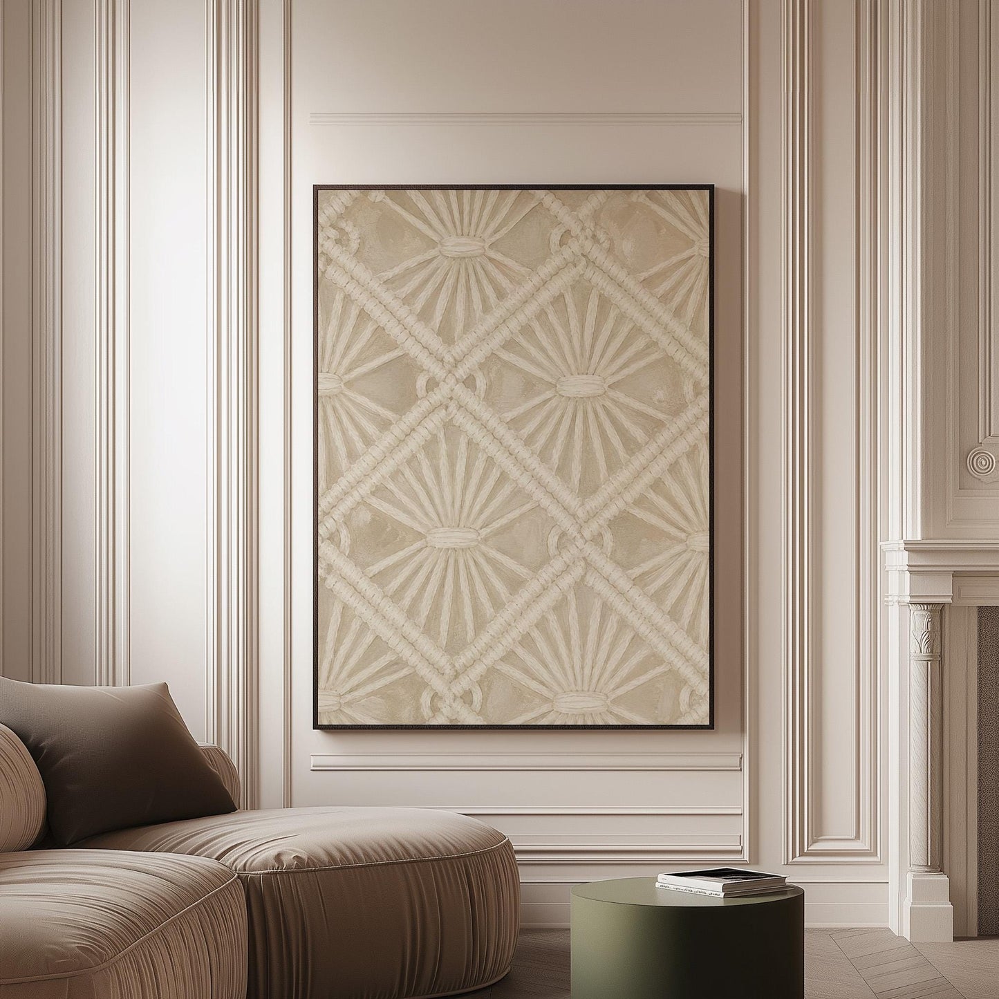 Diamond and fan lace pattern in ivory tones, canvas print on a softly lit wall in a calm interior