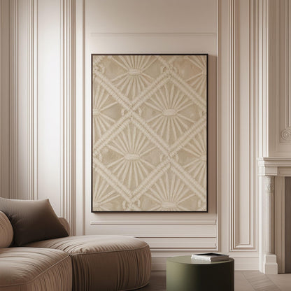 Diamond and fan lace pattern in ivory tones, canvas print on a softly lit wall in a calm interior