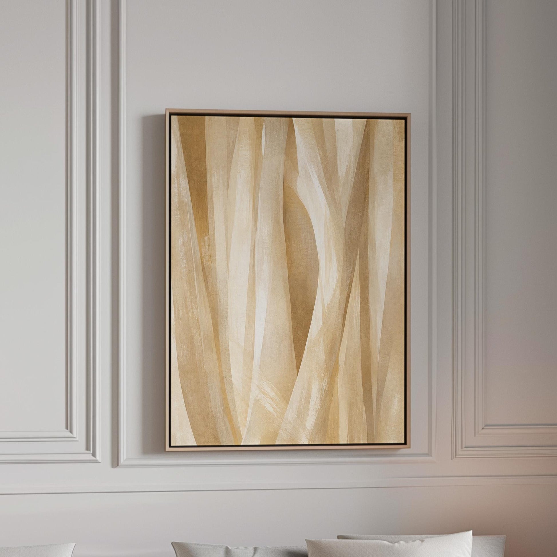 Golden beige ribbon strands flowing diagonally, canvas print in a bright room with natural daylight