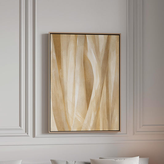 Golden beige ribbon strands flowing diagonally, canvas print in a bright room with natural daylight