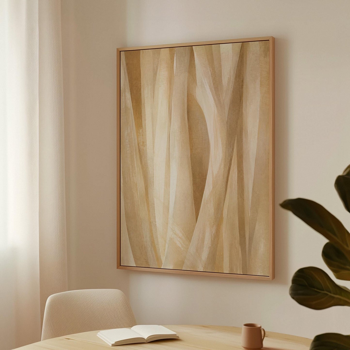 Golden beige ribbon strands flowing diagonally, canvas print on a quiet wall in a considered interior