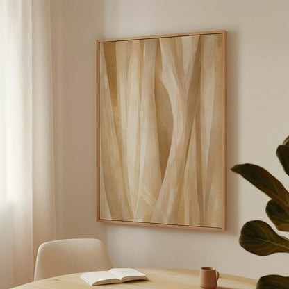 Golden beige ribbon strands flowing diagonally, canvas print on a quiet wall in a considered interior