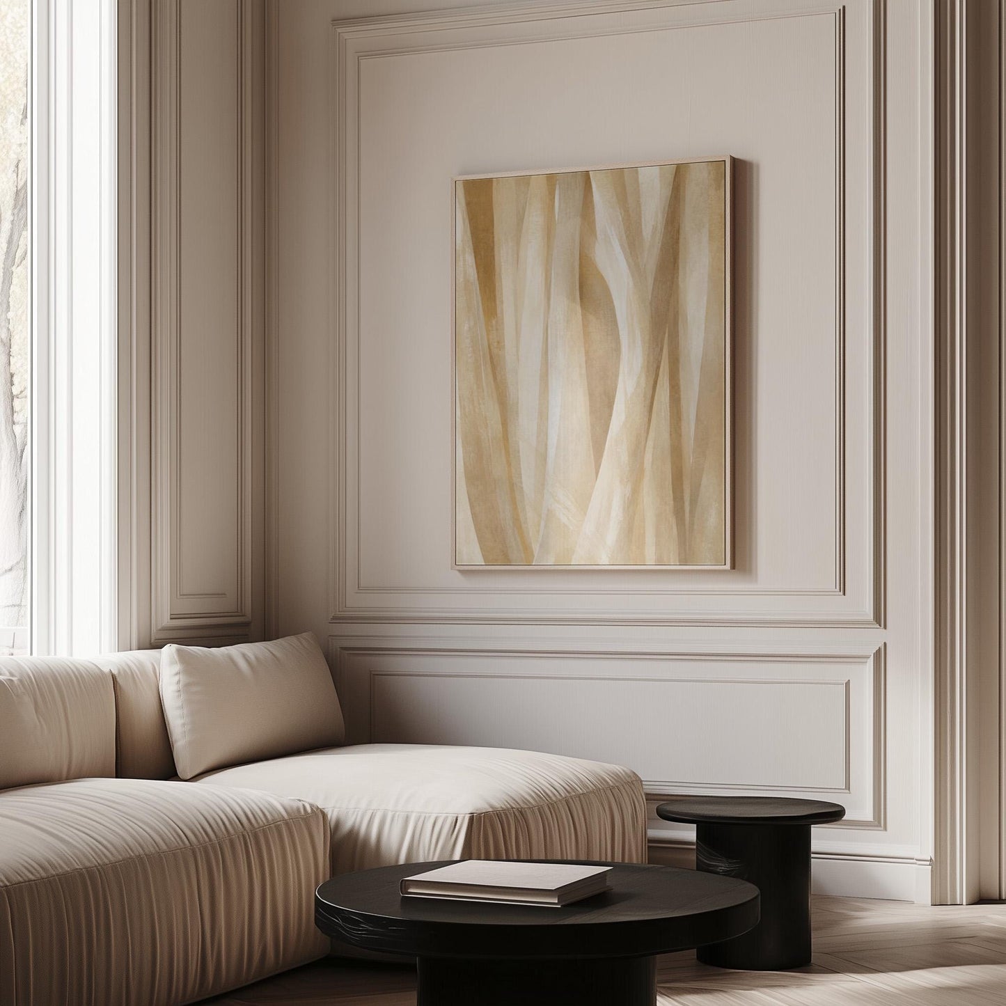 Golden beige ribbon strands flowing diagonally, canvas wall art seen in a warm interior with natural light