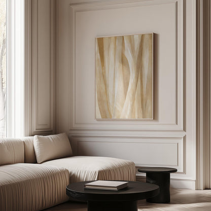 Golden beige ribbon strands flowing diagonally, canvas wall art seen in a warm interior with natural light