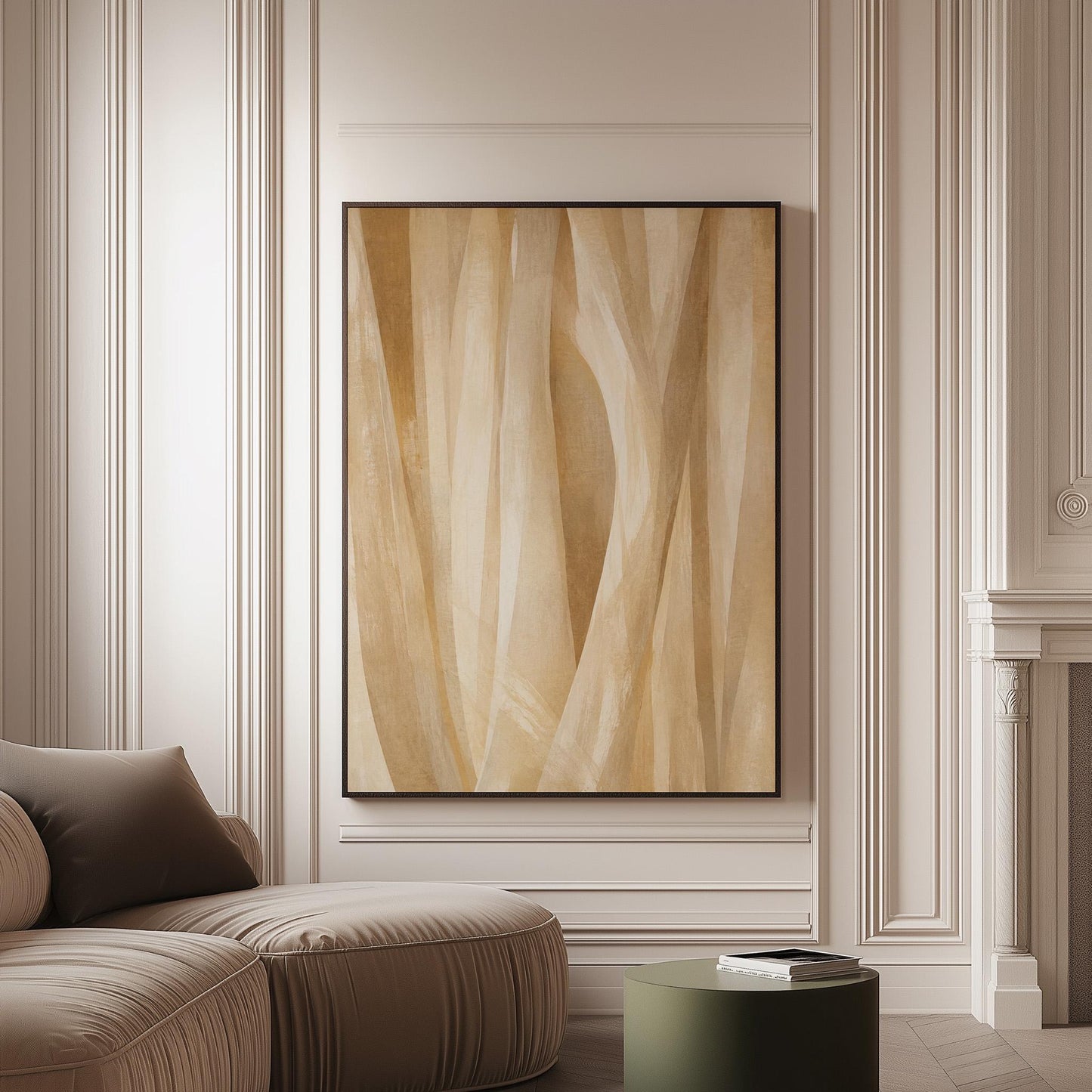 Golden beige ribbon strands flowing diagonally, canvas print on a softly lit wall in a calm interior