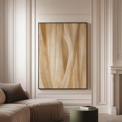 Golden beige ribbon strands flowing diagonally, canvas print on a softly lit wall in a calm interior